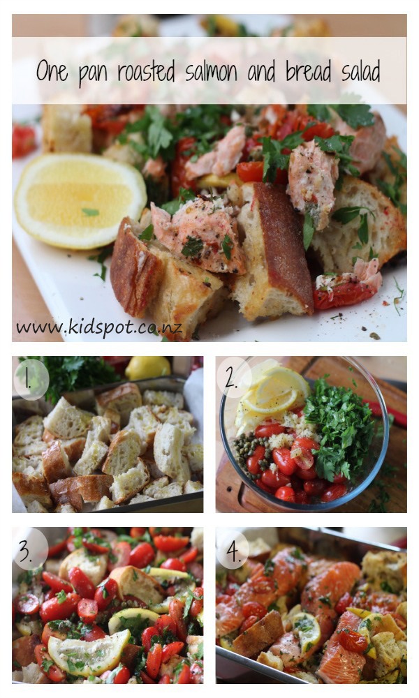 One pan roasted salmon and bread salad